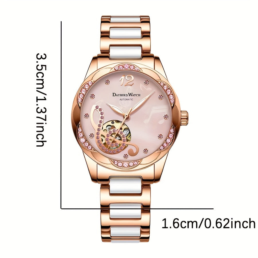 Women's Rose Gold Mechanical Skeleton Watch – Pink Dial, Roman Numerals, Hand-Winding Dress Watch