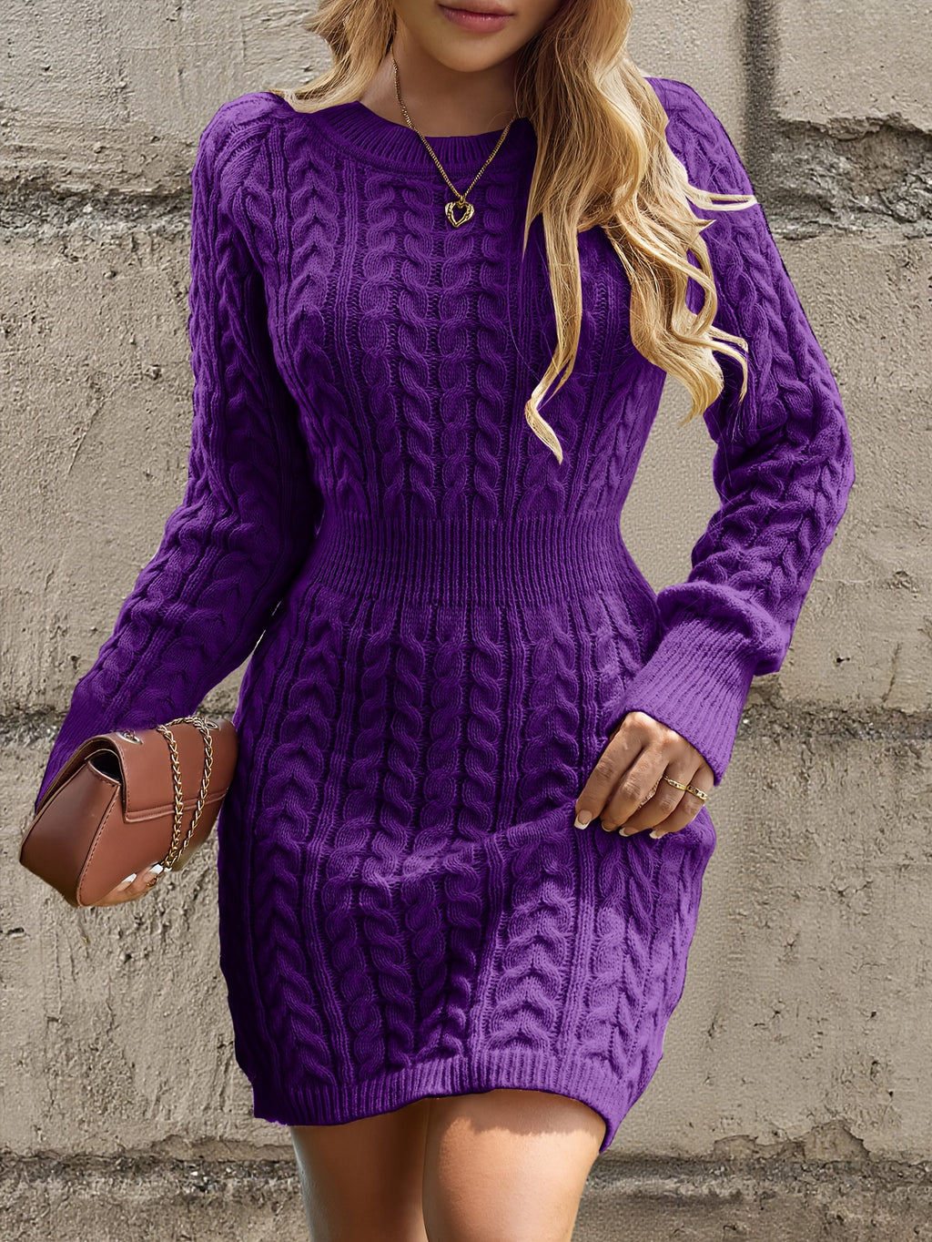 Women's Purple X-Line Sweater Dress – Crew Neck Textured Knit, Non-Transparent Acrylic for Office & Casual