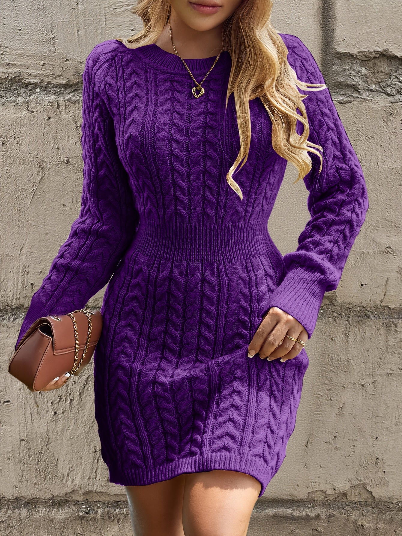 Women's Purple X-Line Sweater Dress – Crew Neck Textured Knit, Non-Transparent Acrylic for Office & Casual