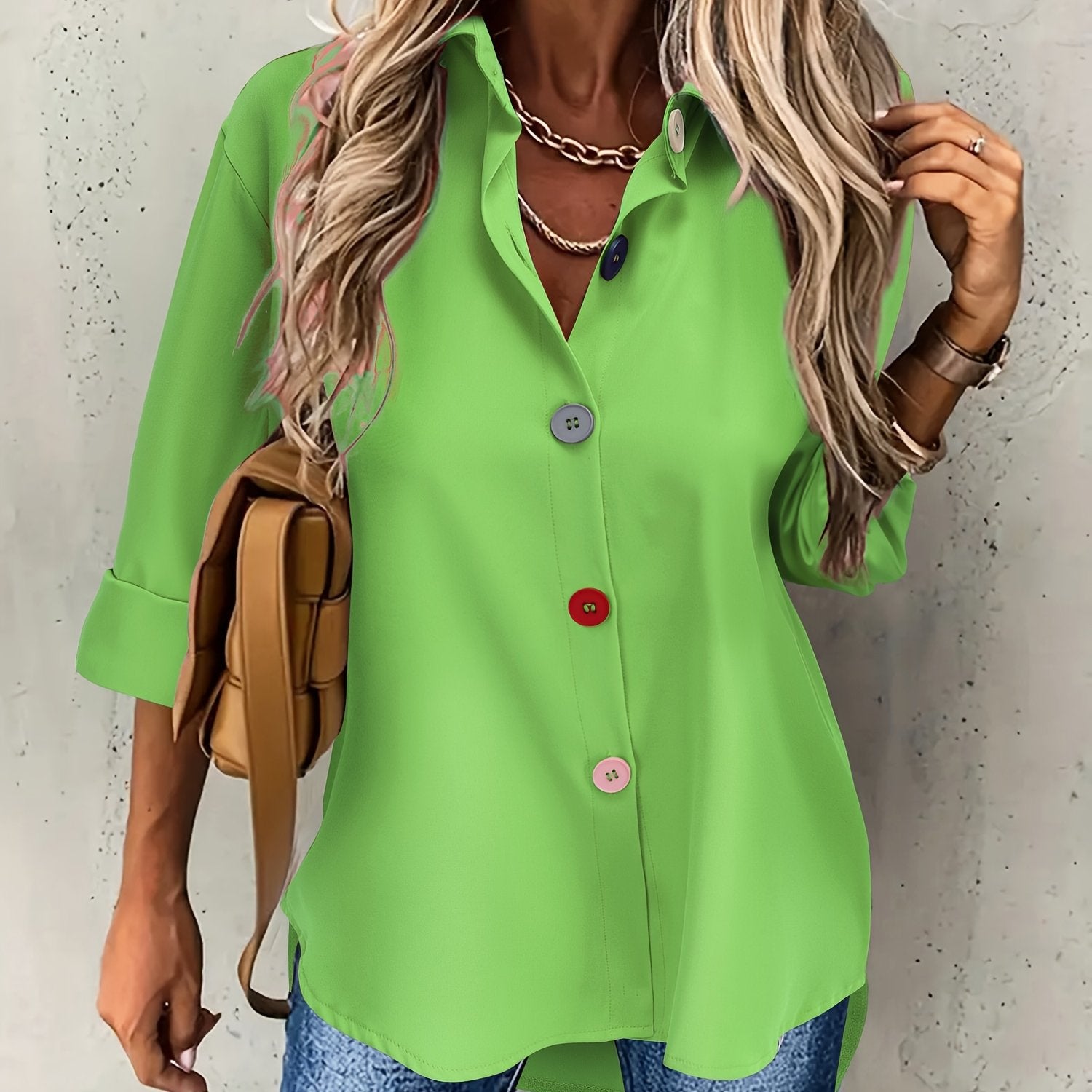 Women's Elegant Button-Front Blouse - Lapel Collar, Machine Washable All-Season Office & Casual Shirt - Green