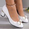 Women's Black Rhinestone Bow Pumps, Glossy Slip-On Block Heel Round Toe Dress Shoes