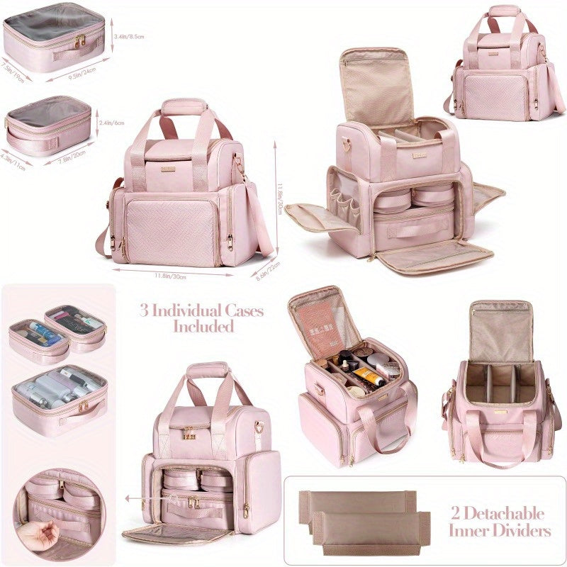 Large Double-Layer Travel Makeup Bag 11.8 x 8.6 x 11.8 in (30 x 22 x 30 cm) – 3 Removable Cases, Inner Dividers & Brush Organizer