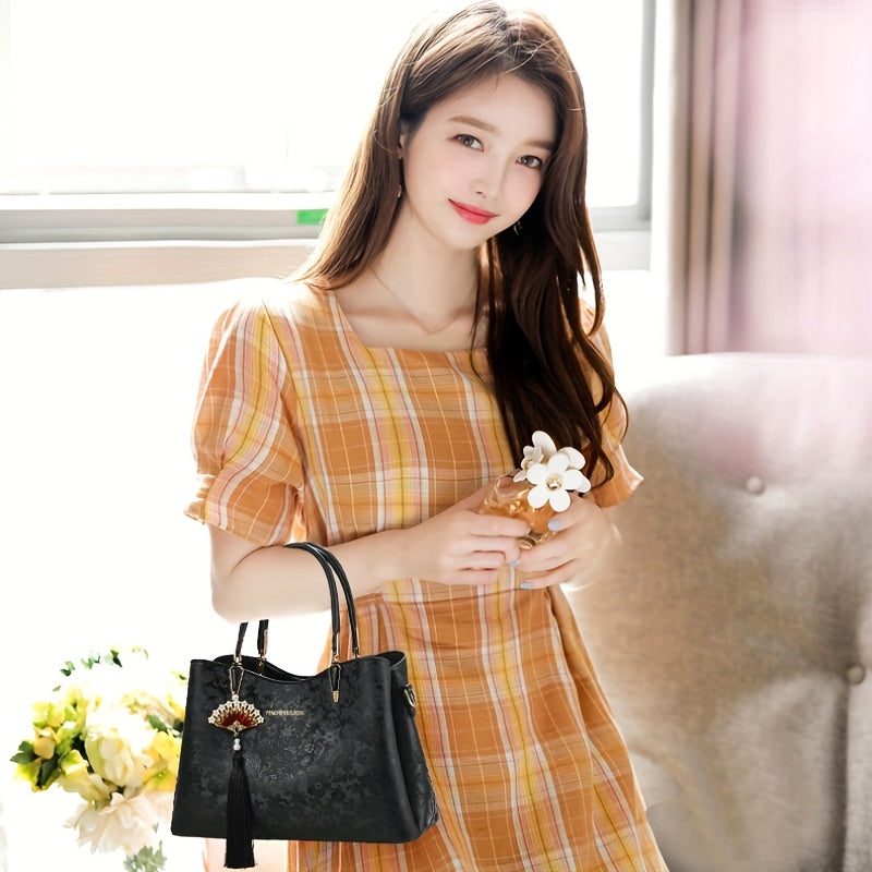 Beige Floral Commuter Handbag – Faux Leather Messenger Bag with Detachable Strap, Tassel & Gold Hardware