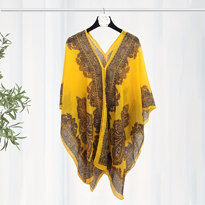 Women's Turquoise Jacquard Scarf Shawl – Large Square Lightweight Breathable Beach Cover-Up & Multiway Long Wrap Poncho