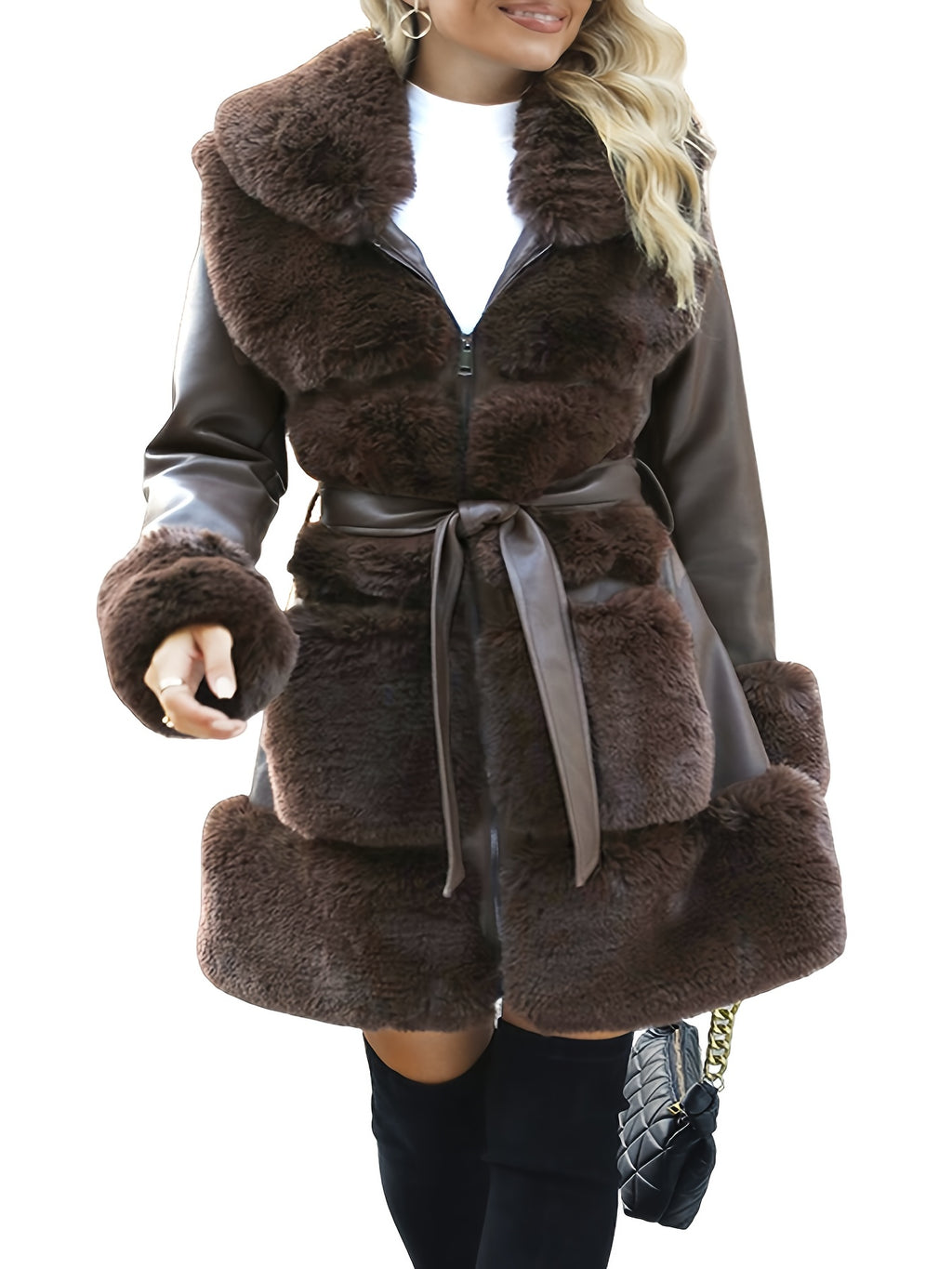 Women's Faux Fur-Lined PU Leather Jacket with Belt – Brown Casual Fall/Winter Coat with Front Pockets