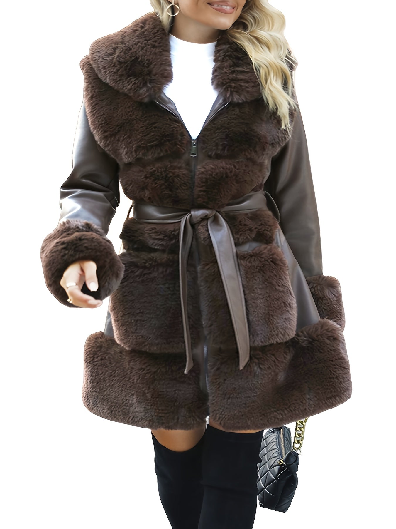 Women's Faux Fur-Lined PU Leather Jacket with Belt – Brown Casual Fall/Winter Coat with Front Pockets
