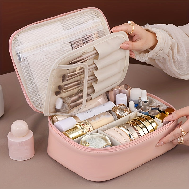 2-Piece Travel Makeup Bag Set - Large Capacity Multi-Layer Faux Leather Cosmetic Organizer with Detachable Brush Holder (White, Black, Pink, Dark Brown)