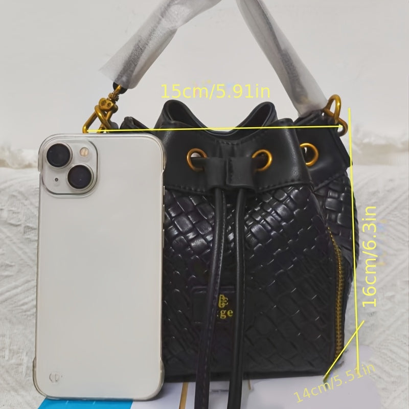 Genuine Leather Crossbody Bucket Bag - Drawstring Purse with Gold-Tone Hardware, Black & White, Elegant Everyday to Formal Handbag