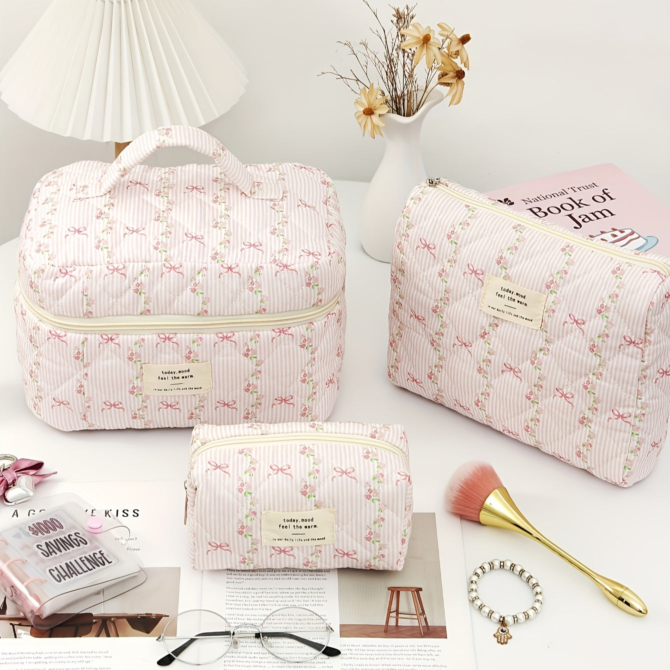 3-Pack Quilted Floral Cosmetic Bags for Women – Travel Makeup Organizer Set, Durable Polyester Pouches