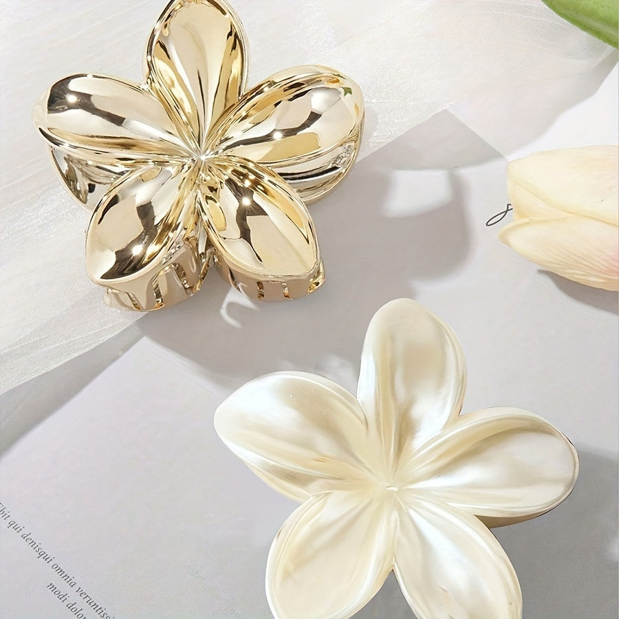 Acrylic Flower Hair Claw - Large Floral Hair Clip, White & Gold, 1pc/2pcs