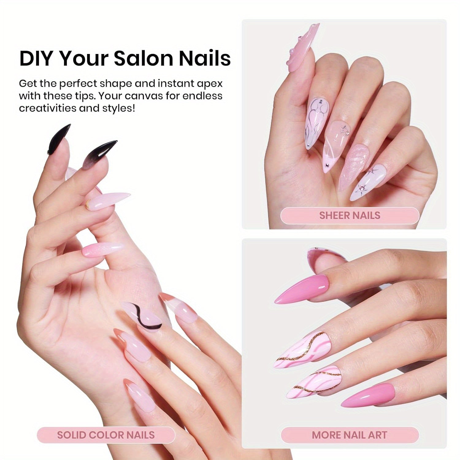 192pcs Beetles Tipex Instant Apex Pre-Built Gel Nail Tips 16 Sizes Clear Almond Matte Full-Cover Durable Easy-Apply