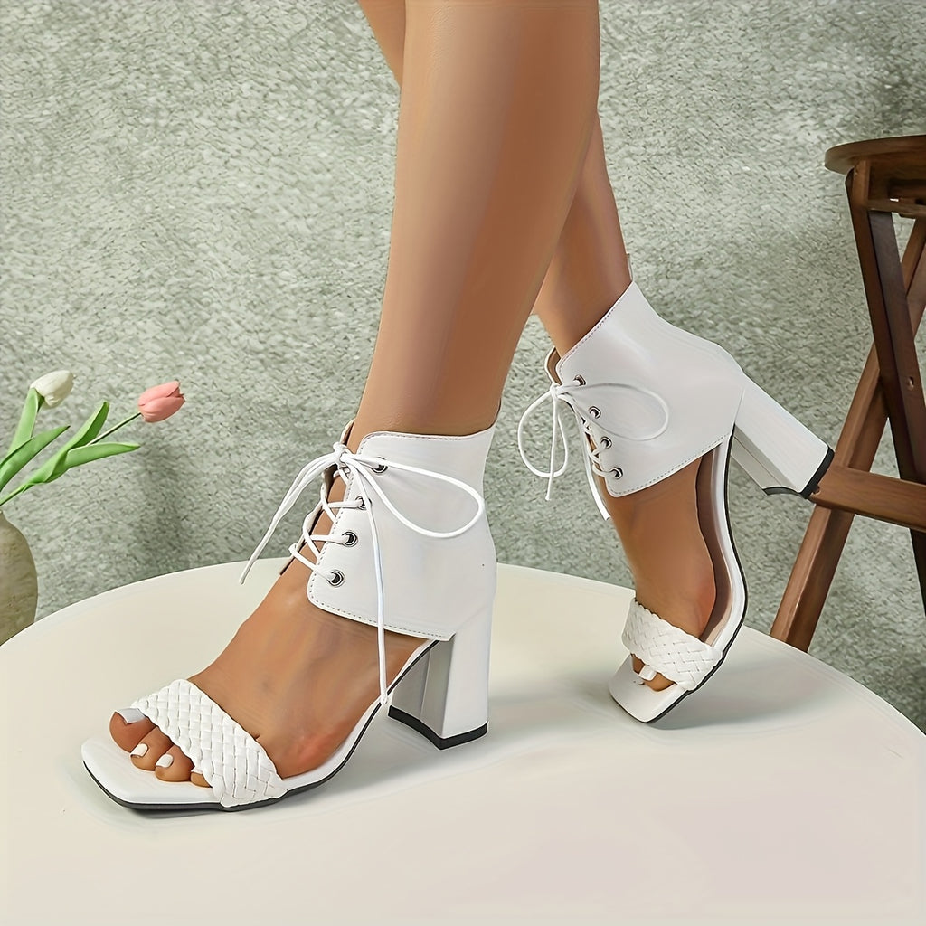 Women's Chunky Block Heel Lace-Up Sandals - Open Toe High Heels with Cushioned Insole & Non-Slip Rubber Sole