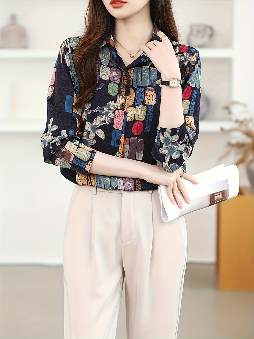 Floral Lapel Collar Shirt for Women — Flattering Slimming Long-Sleeve Button Blouse, Machine Washable for Spring & Fall