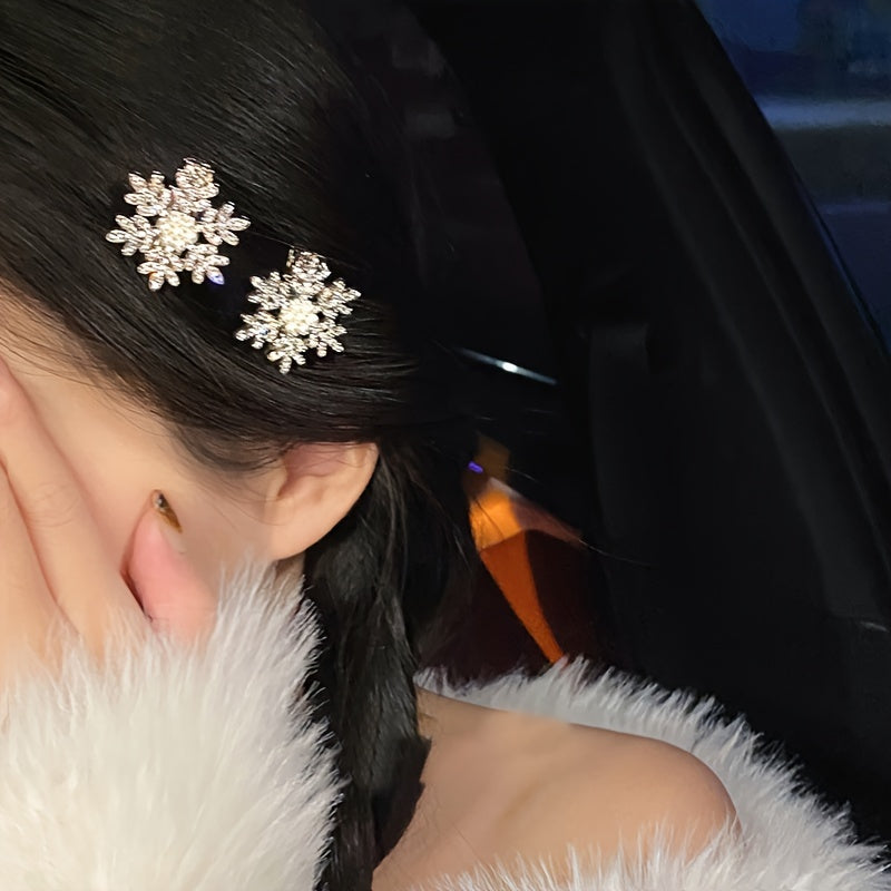 2 or 5-Piece Rhinestone Snowflake Pearl Hair Clips – Winter Christmas Side Barrettes for Women & Teens