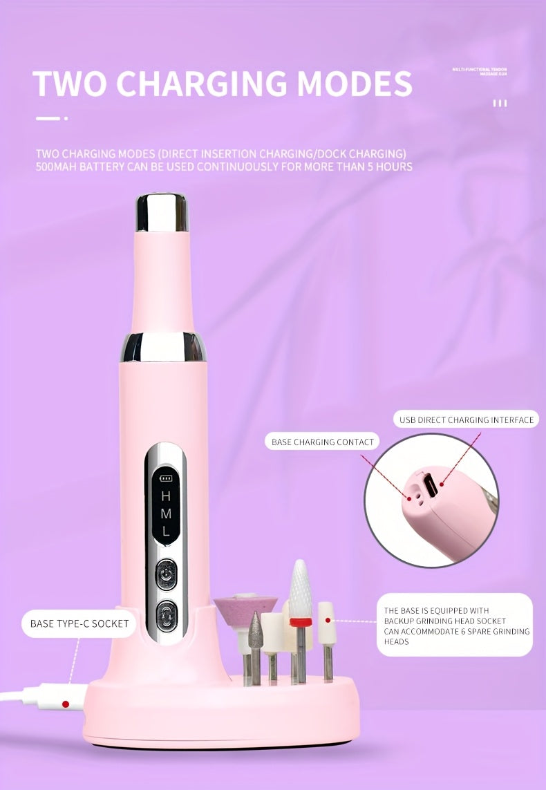 Cordless Electric Nail Drill Kit with Drill Bits & Sanding Bands, Rechargeable USB Manicure & Pedicure File for Acrylic Gel Nails (Bright Pink)