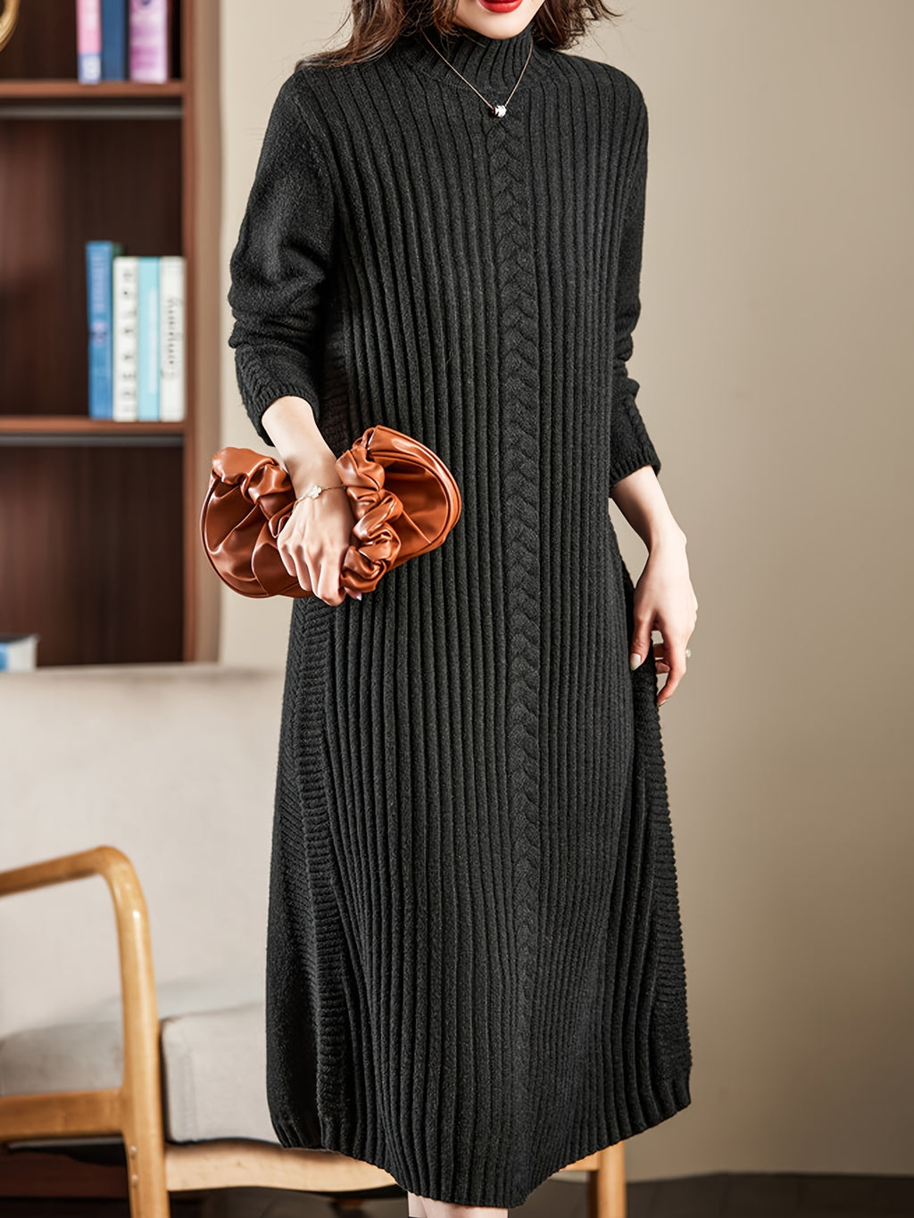 Women's High Neck Long Sleeve Knit Midi Dress - Soft Acrylic Blend, Regular Fit