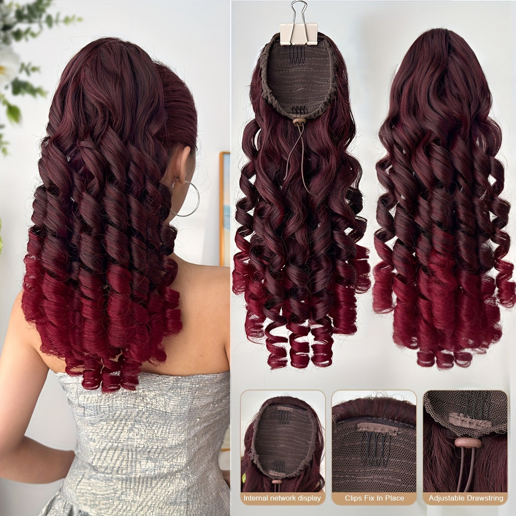 20" (50 cm) Deep Wave Drawstring Ponytail Extension – Clip-In Synthetic Hair in Burgundy, Red, Black, Brown, Blonde