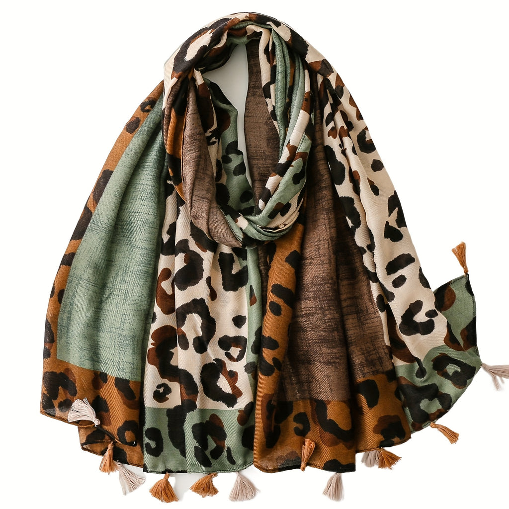 Multicolor Leopard Print Colorblock Tassel Scarf - Lightweight Women's Shawl & Headscarf