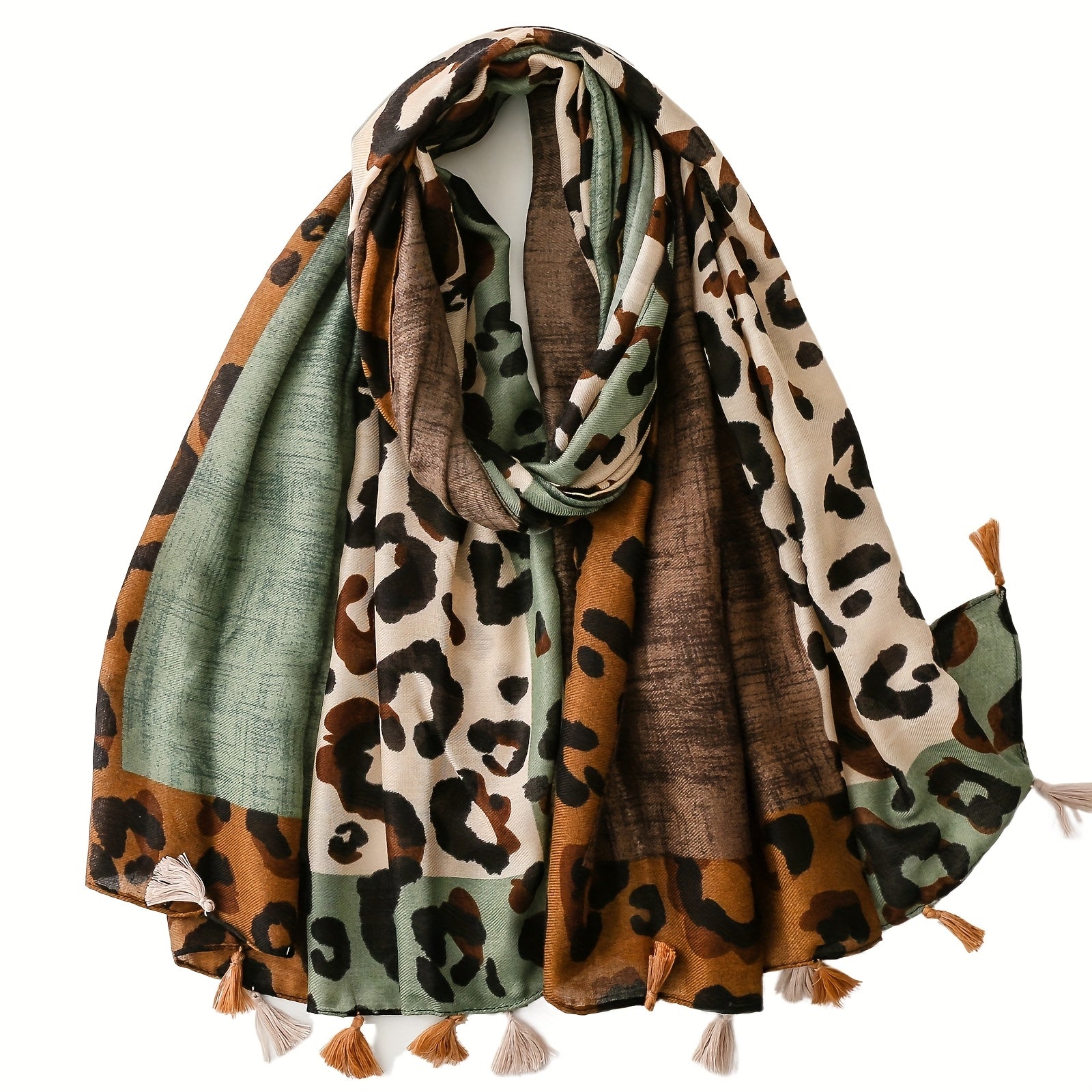 Multicolor Leopard Print Colorblock Tassel Scarf - Lightweight Women's Shawl & Headscarf