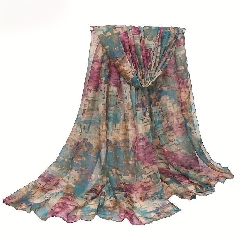 Vintage Paisley Ombre Scarf – Long 180 x 70 cm (70.85 x 27.5 in) Polyester Shawl for Women, Brown-to-Blue Geometric Floral Print