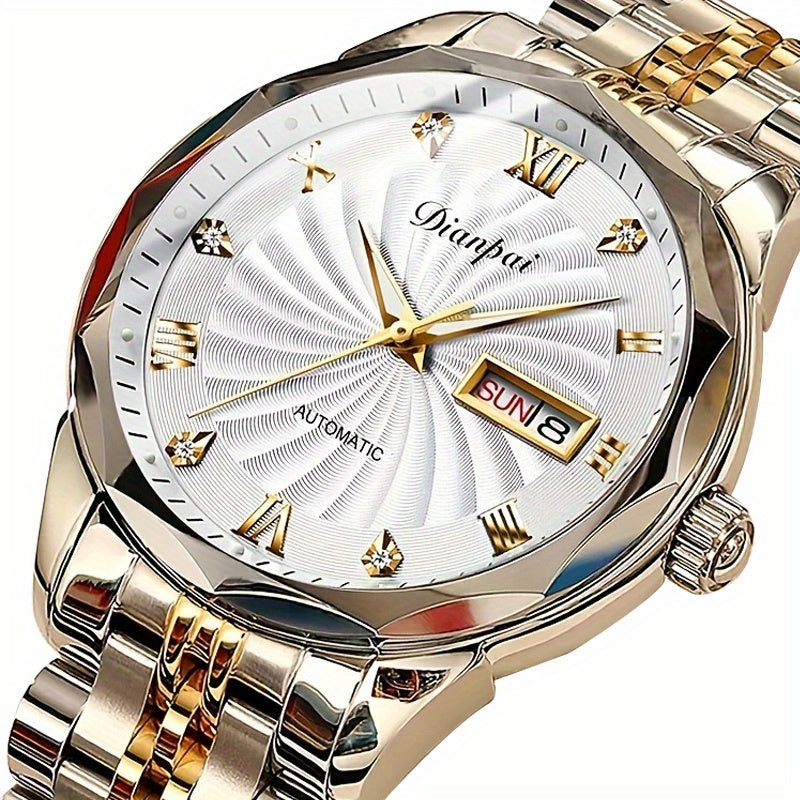 Dianpai Women's Automatic Mechanical Watch — Calendar & Week Display, Luminous Night Glow, Rhinestone Accents, Stainless Steel Bracelet, White Dial with Gold Markers