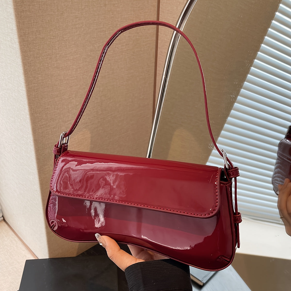 Burgundy PU Baguette Shoulder Bag - Adjustable Strap, Magnetic Closure, Two-Tone Hardware, Glossy Purse for Office & Date Night