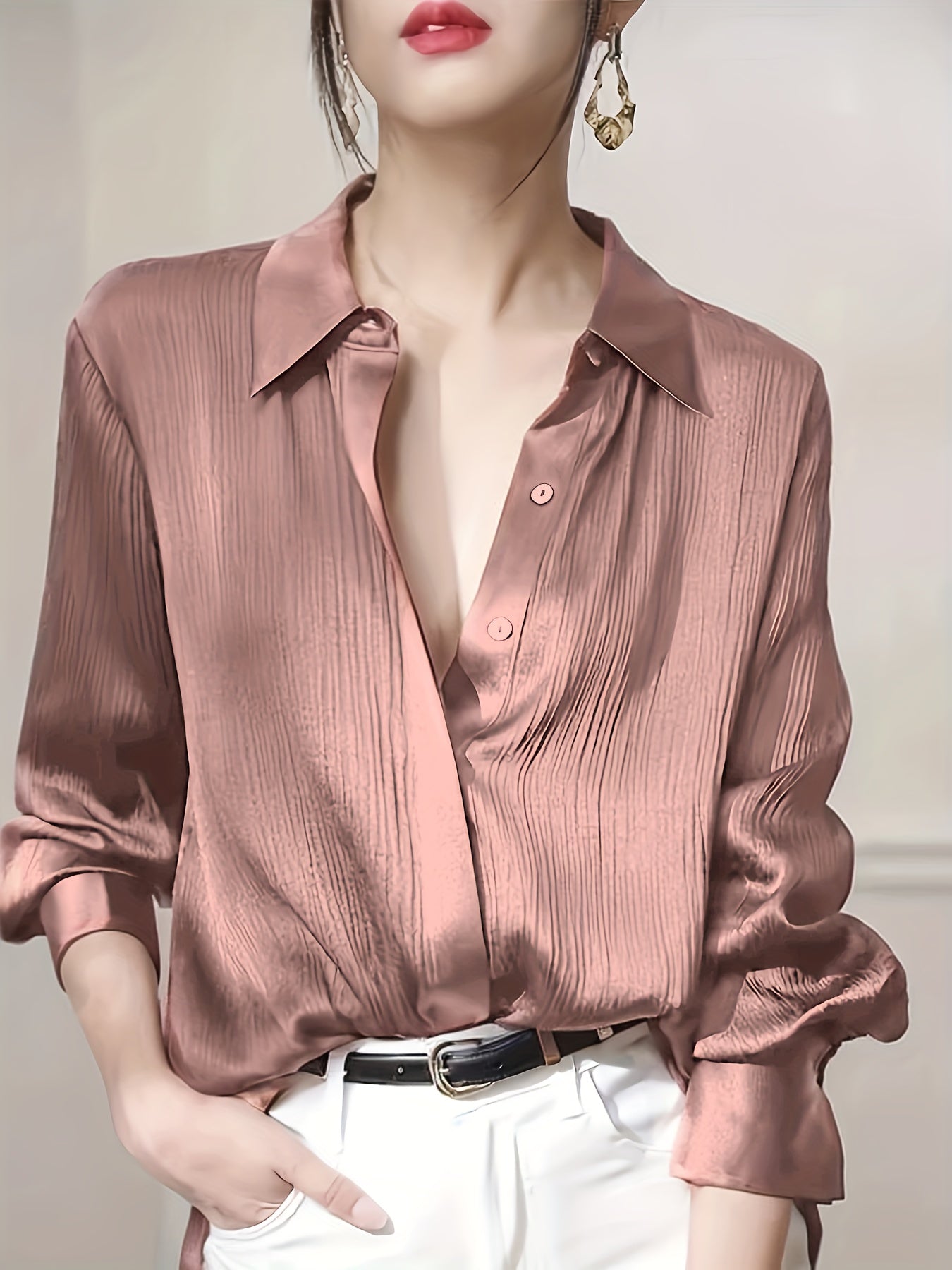 Women's Black Satin-Finish Button-Up Shirt, 100% Polyester Long Sleeve, Regular Fit, Machine Washable