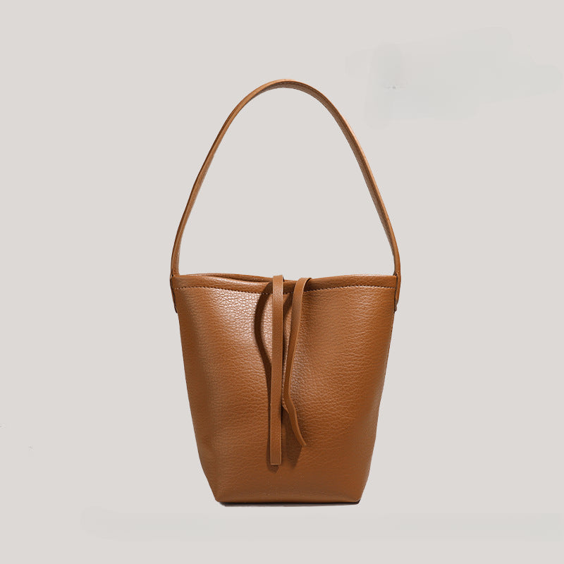 Women's Large Capacity Korean-Inspired Drawstring Bucket Tote - Minimalist Round PU Crossbody Shoulder Purse with Adjustable Strap, Black Grey Coffee Brown White Red