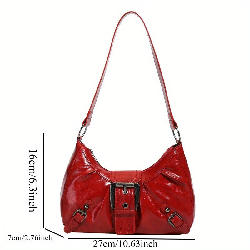 Maillard-Inspired Vintage Wasteland Baguette Shoulder Bag for Women – PU Leather, Metallic Hardware, Zipper Closure, Red/Black