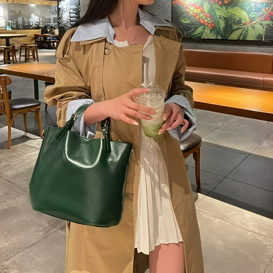 Top-Grain Cowhide Leather Tote Bag for Women - Large-Capacity Minimalist Commuter Handheld Crossbody Bucket Bag