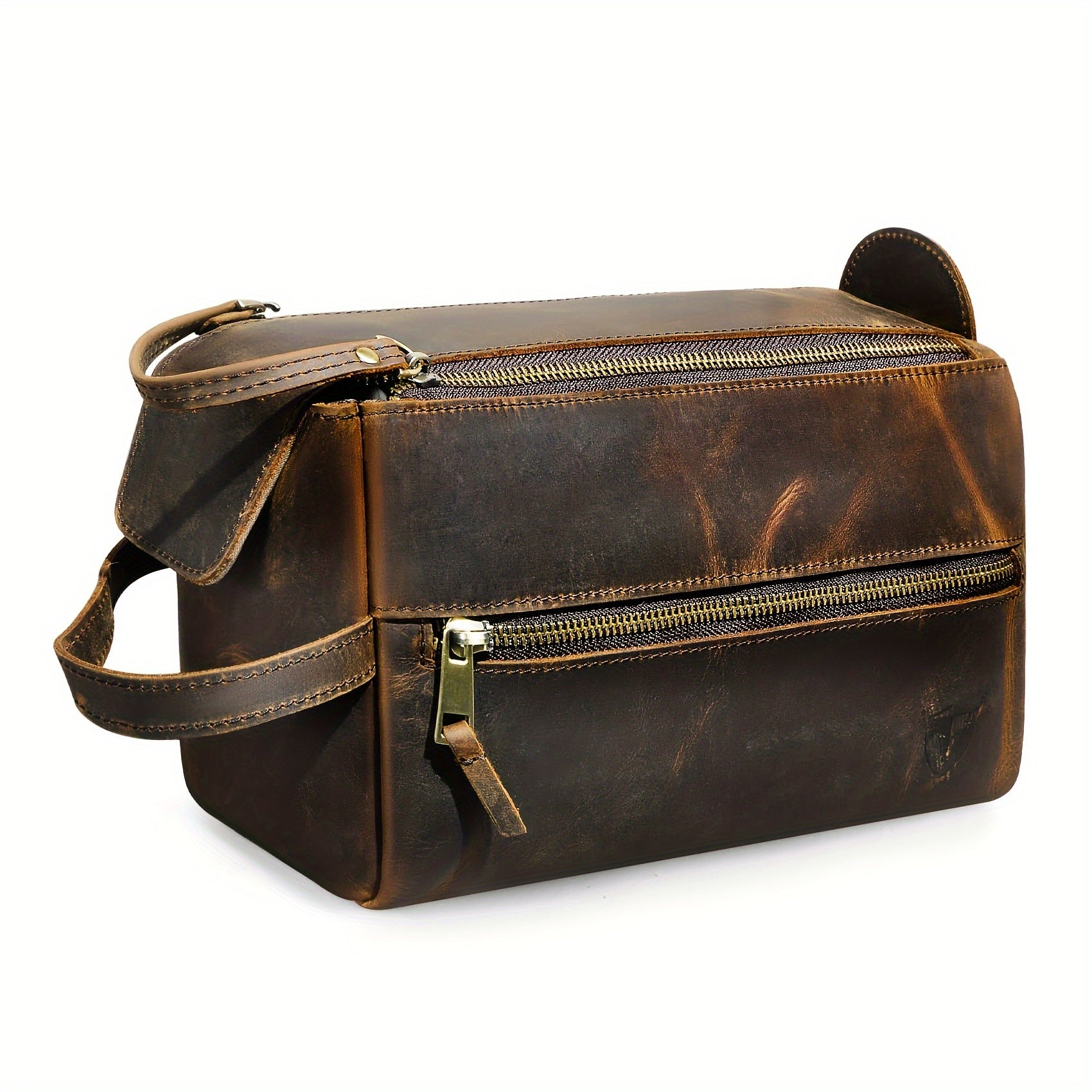 Top-Grain Cowhide Leather Men's Retro Dopp Kit Toiletry Bag – Zippered Multi-Compartment