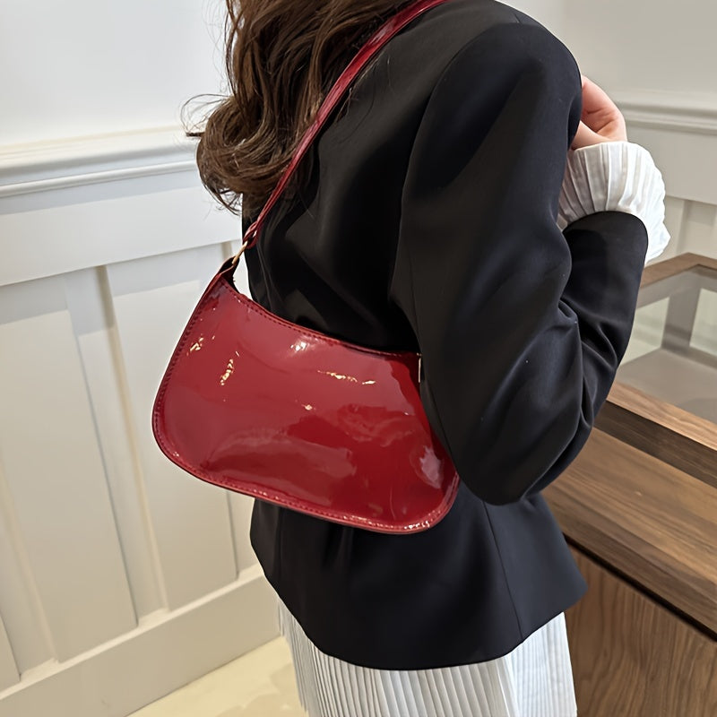 Patent Faux Leather Baguette Bag – Retro Underarm Shoulder Handbag for Women