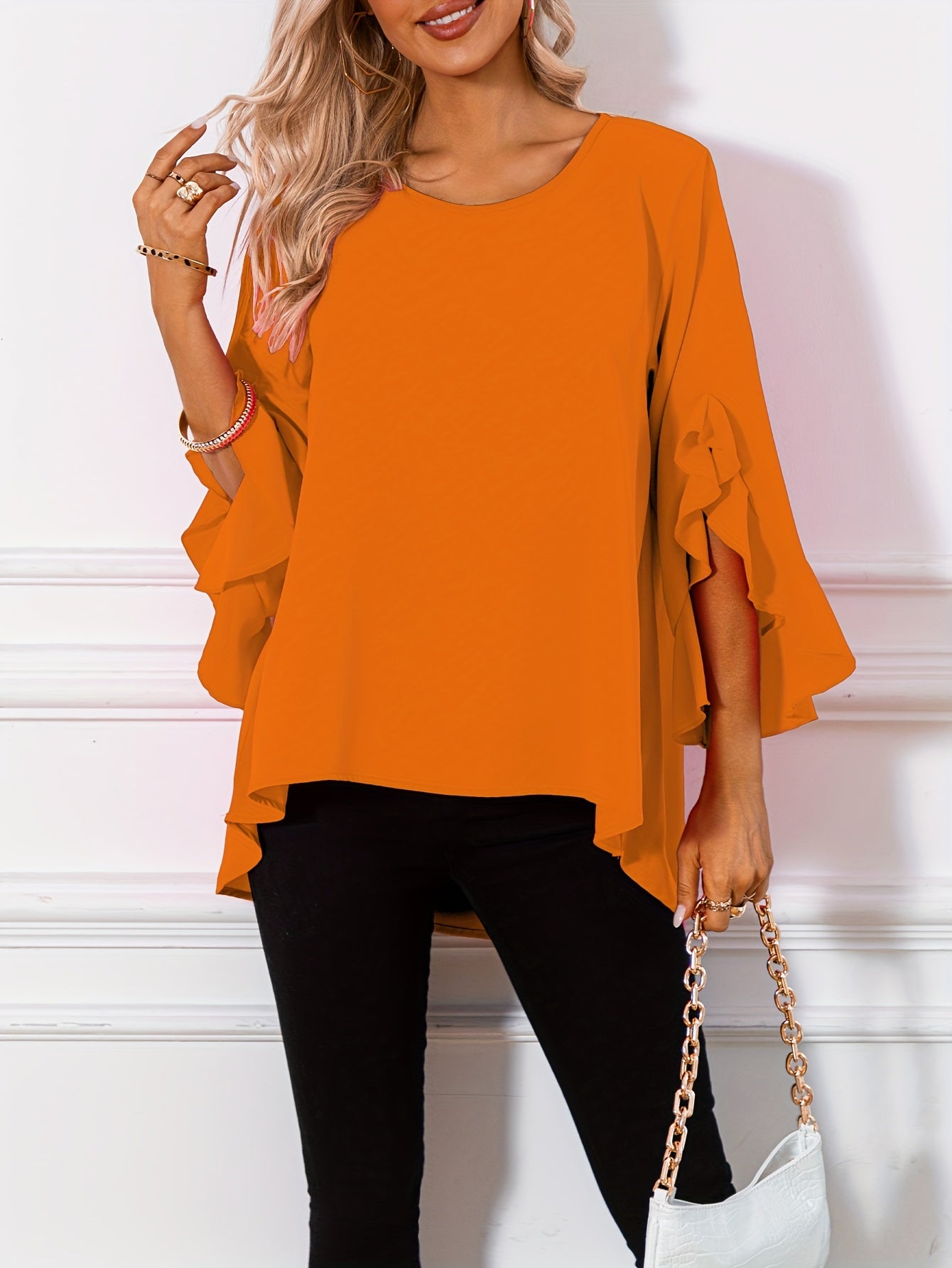Women's Solid Crew Neck Ruffle Sleeve Blouse – Elegant Spring & Summer Woven Top