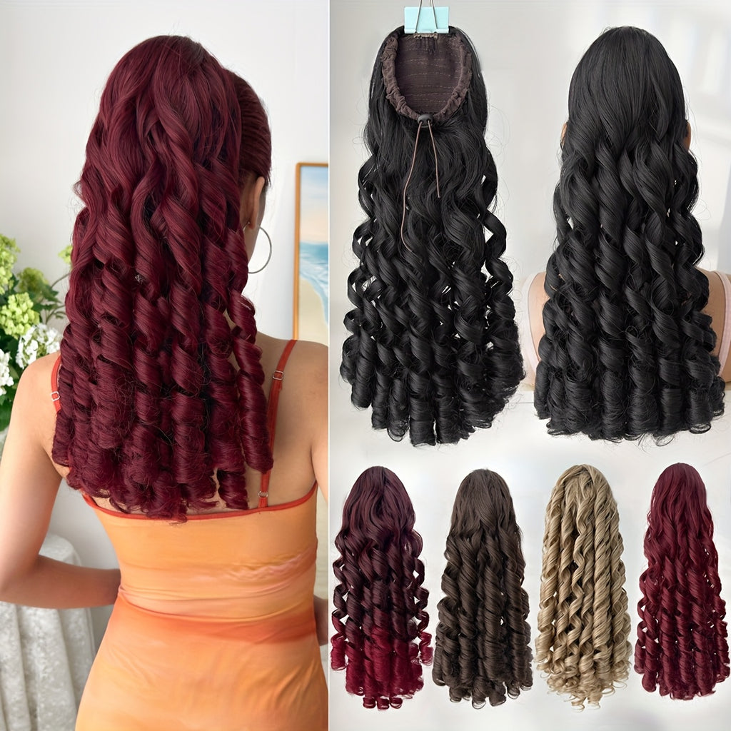 20" (50 cm) Deep Wave Drawstring Ponytail Extension – Clip-In Synthetic Hair in Burgundy, Red, Black, Brown, Blonde