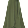 Plus Size Cotton Midi Skirt — High-Waist Slit with Side Knot, Slight Stretch, Machine-Washable