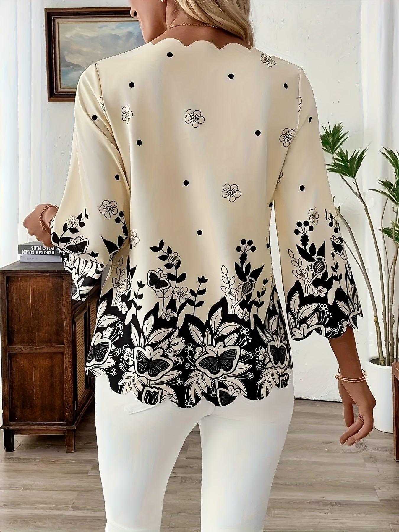 Elegant Floral Women's Short Sleeve Blouse - Black & White Dot Tunic with Collar, Machine Washable, Casual to Dressy
