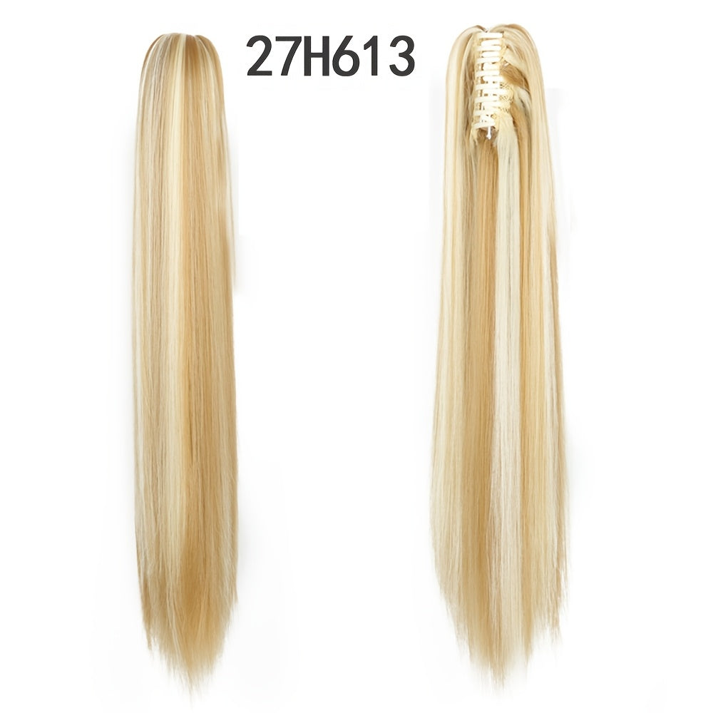 22-Inch (56 cm) Straight Synthetic Ponytail Extension with Claw Clip - Heat-Resistant Black & White Hairpiece for Women