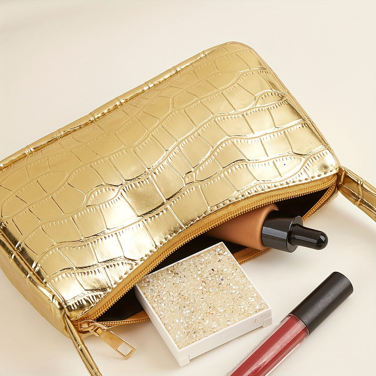 Golden Crocodile-Embossed Shoulder Baguette Bag for Women, Metallic Underarm Purse — Chic Everyday & Mother's Day Gift