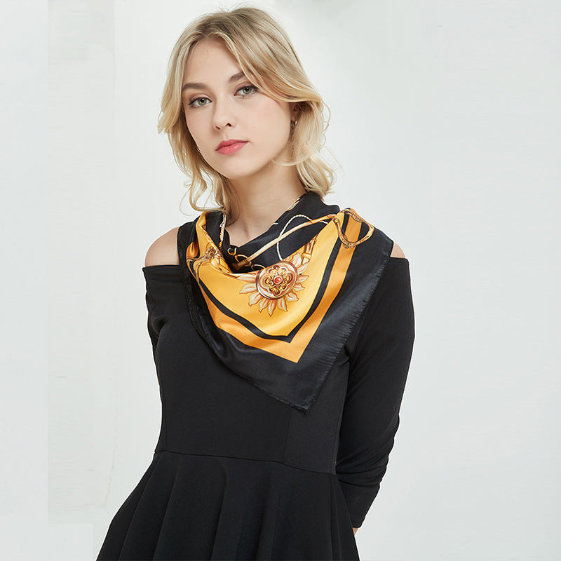 Classic Chain Print Satin Square Scarf 35.4in (90cm) Imitation Silk Sunscreen Shawl Hijab Beach Wrap for Spring Summer