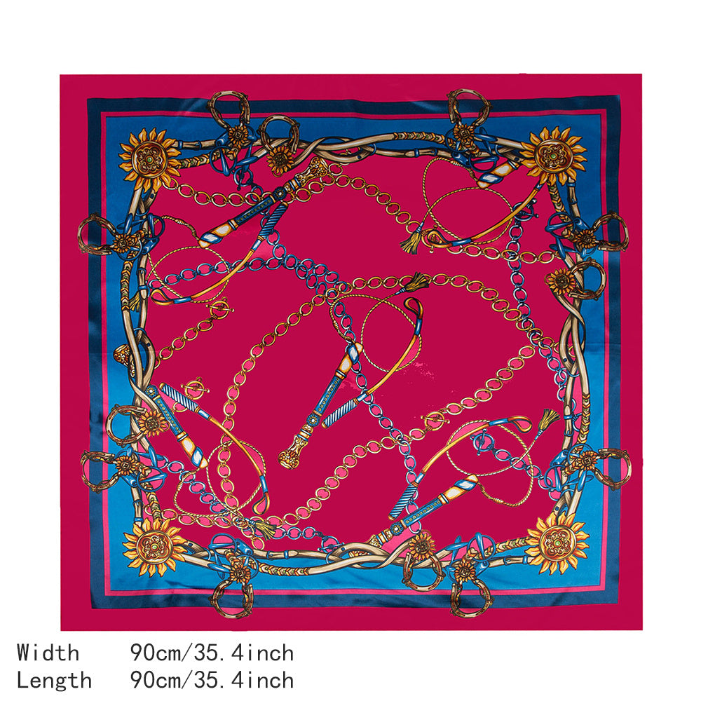 Classic Chain Print Satin Square Scarf 35.4in (90cm) Imitation Silk Sunscreen Shawl Hijab Beach Wrap for Spring Summer