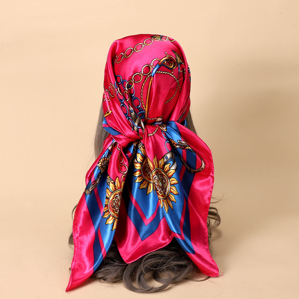 Classic Chain Print Satin Square Scarf 35.4in (90cm) Imitation Silk Sunscreen Shawl Hijab Beach Wrap for Spring Summer