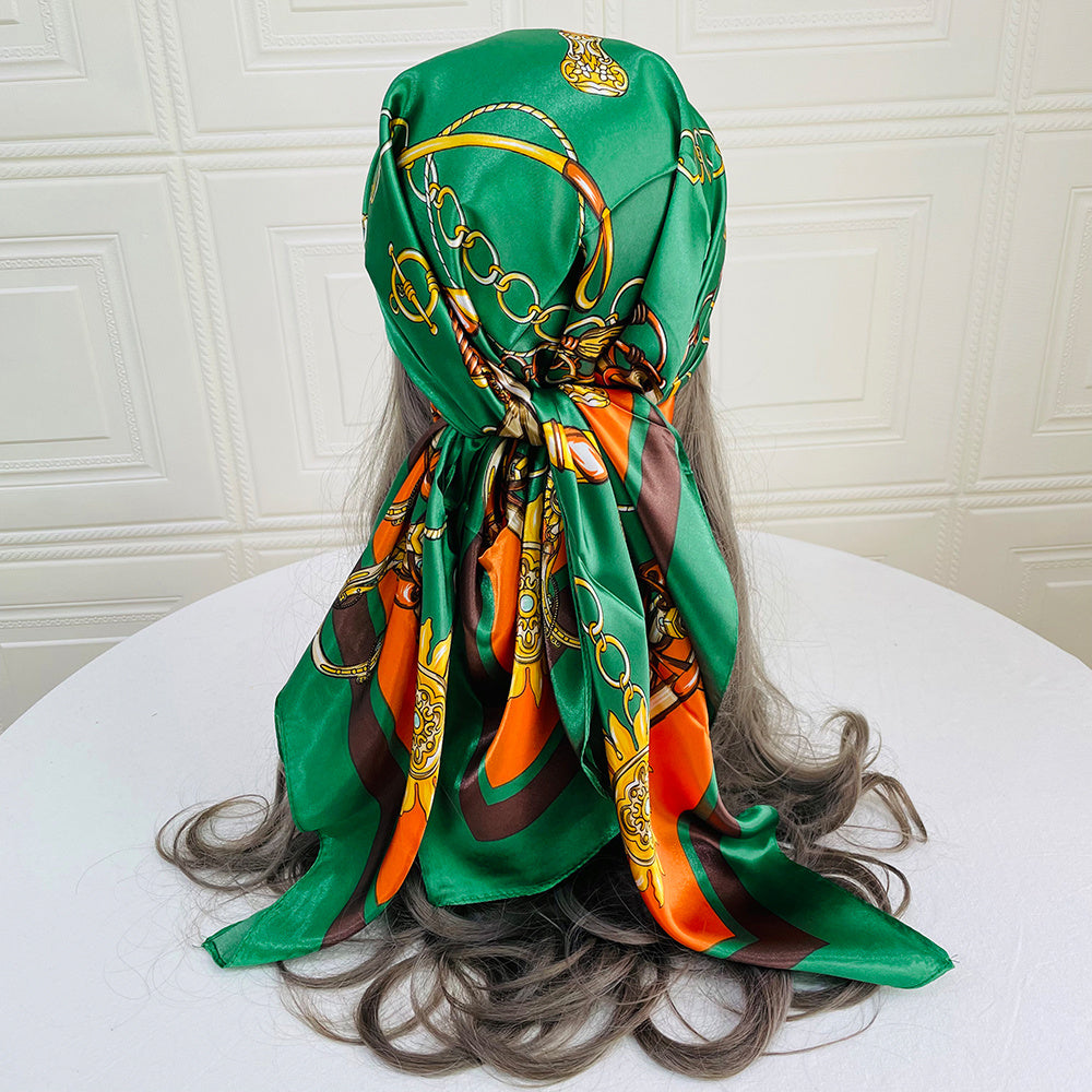 Classic Chain Print Satin Square Scarf 35.4in (90cm) Imitation Silk Sunscreen Shawl Hijab Beach Wrap for Spring Summer