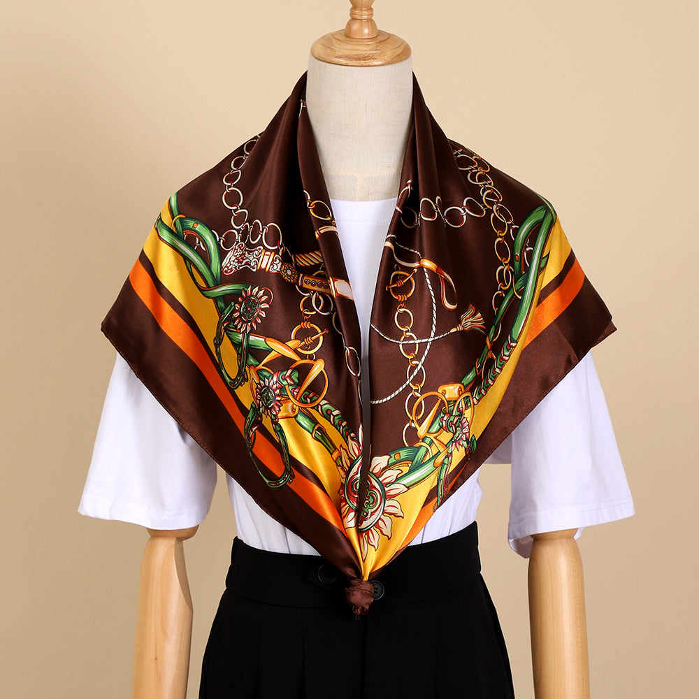 Classic Chain Print Satin Square Scarf 35.4in (90cm) Imitation Silk Sunscreen Shawl Hijab Beach Wrap for Spring Summer