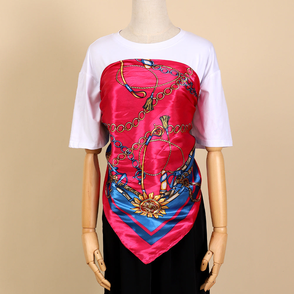 Classic Chain Print Satin Square Scarf 35.4in (90cm) Imitation Silk Sunscreen Shawl Hijab Beach Wrap for Spring Summer