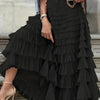 Plus Size Emerald Green Tiered Ruffled Skirt with Contrast Mesh Overlay, Women's Layered Machine-Washable All-Season Skirt