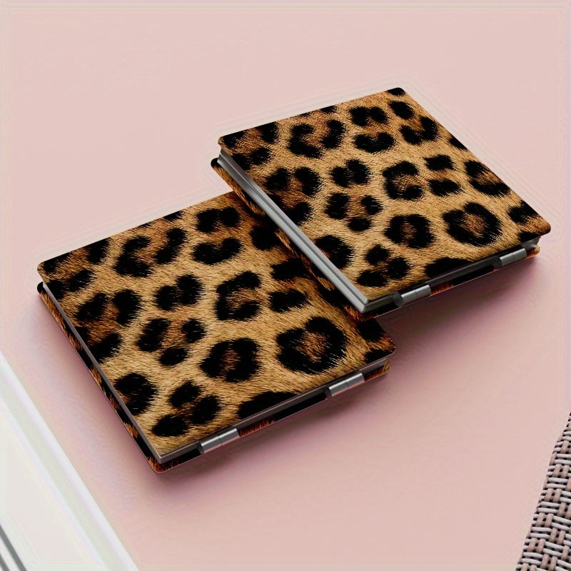 Leopard Print Foldable Double-Sided Portable Makeup Mirror, Compact Travel Vanity Mirror with Anti-Drop Glass, Powder-Coated Black Frame and Gold Hinges