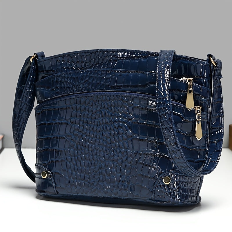 Crocodile Pattern PU Women's Shoulder & Crossbody Bag - Multi-Layer Large Capacity Bucket Bag