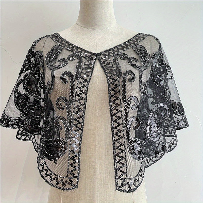 Beaded Sequin Shawl Short Mesh Capelet – Sparkle Party Wrap Cover-Up, 18 in (46 cm)