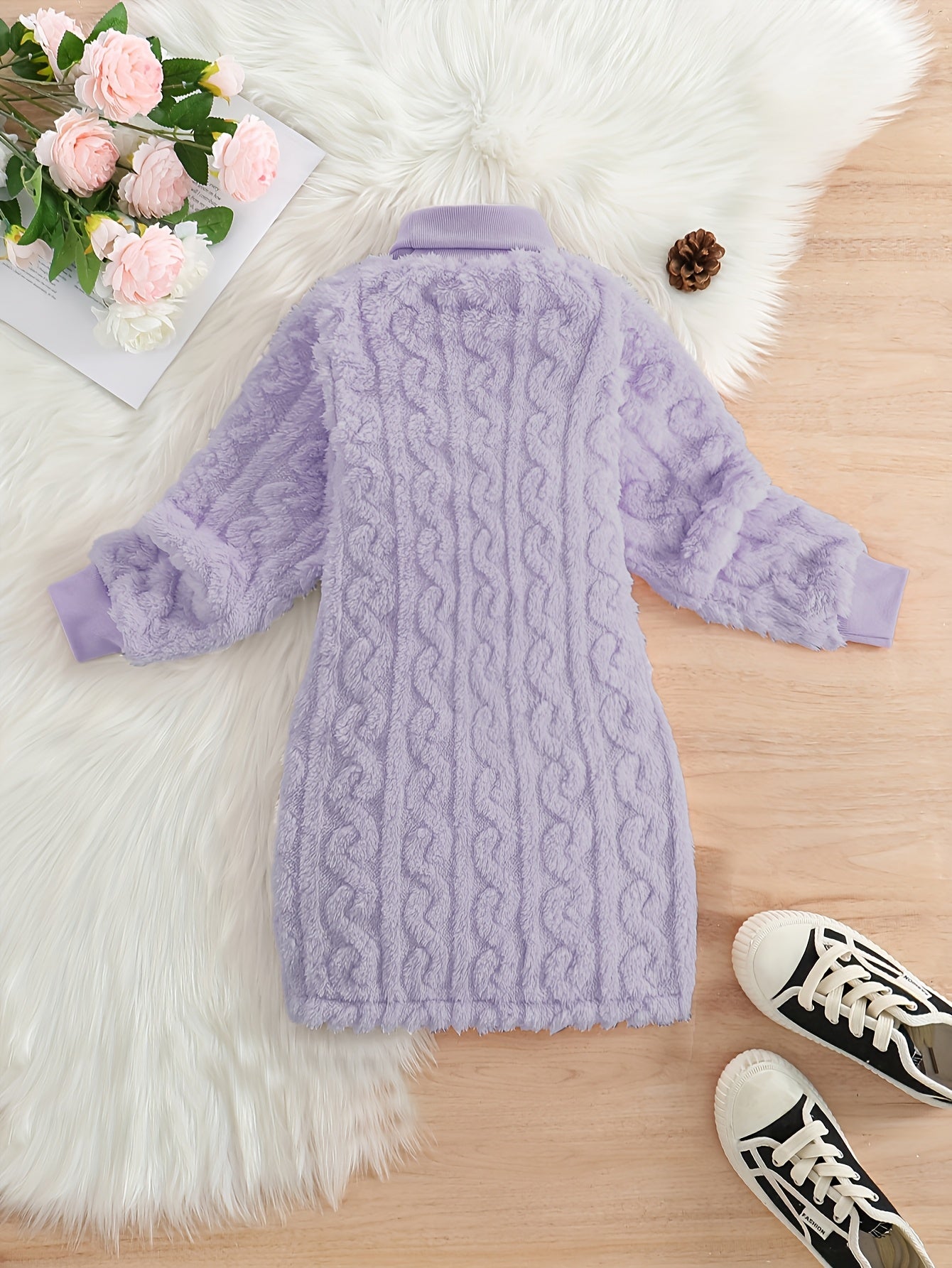 Girls' Mustard Yellow Fleece Cable Knit Dress - Long Sleeve Casual Fall/Winter, Machine Washable