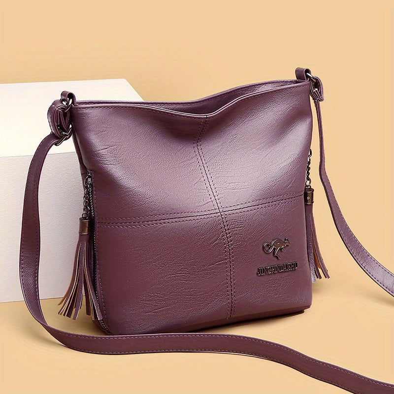 Vegan Leather Bucket Bag – Stitched Crossbody Shoulder Purse for Women